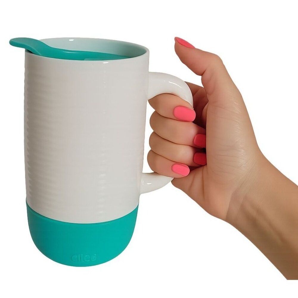 Ello Jane 18 Oz Travel Mug Cup White Teal Ceramic SILICONE HANDLE